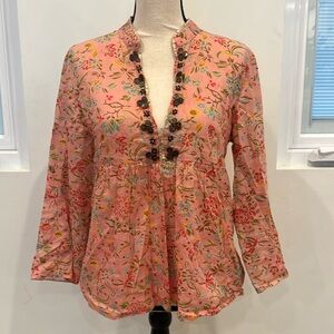 Mega Park Vintage pink Cotton floral vneck blouse shirt top with beaded neckline